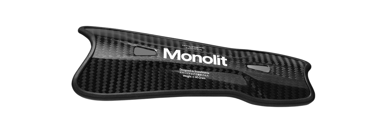 Monolit 19cm Carbon Fibre Shin pads showcasing patented technology for maximum protection and lightweight comfort.