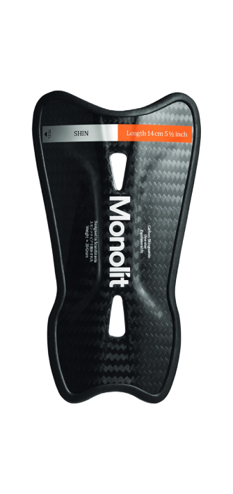Black carbon fiber shinguard with 'Monolit' branding on a white background